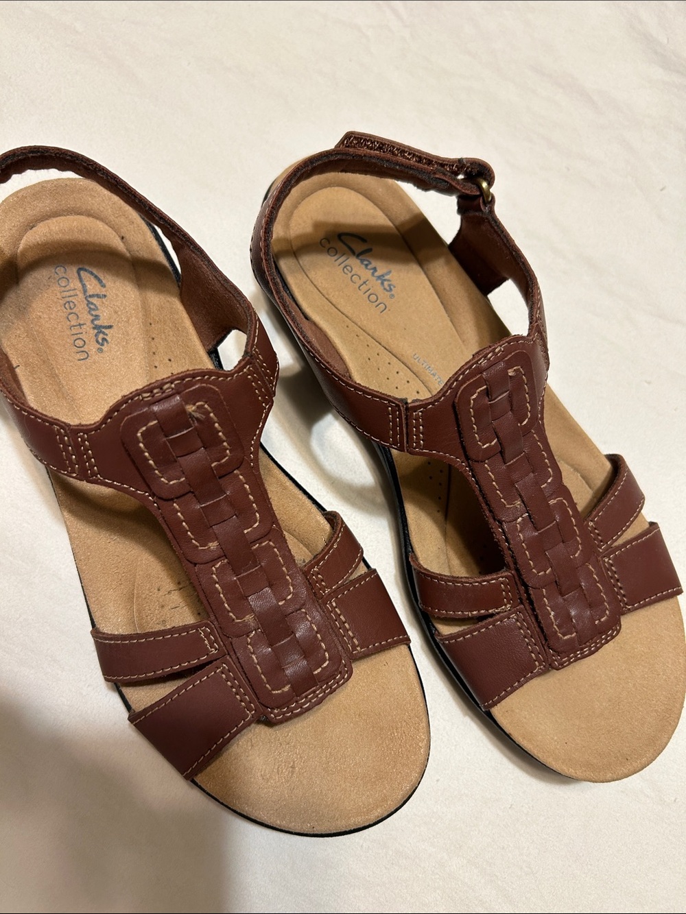 Clarks Brown Leather T-Strap Sandals